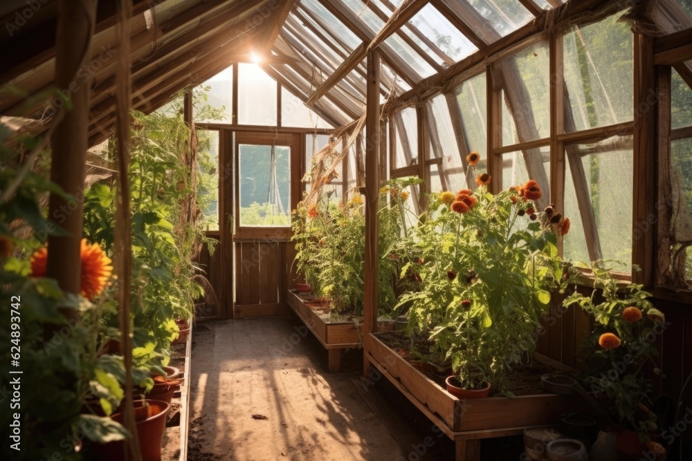 wooden greenhouse with tomato plants in full bloom, created with generative ai