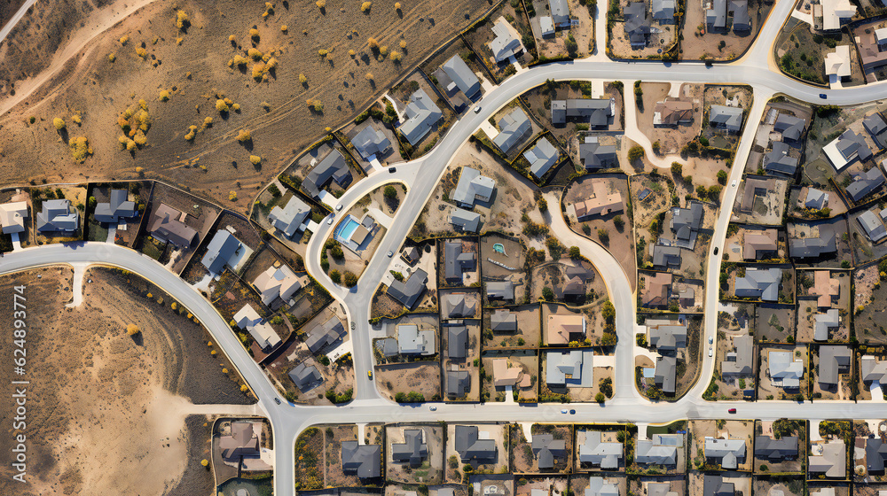 Suburb neighborhood, aerial view, houses, streets, desert surrounding