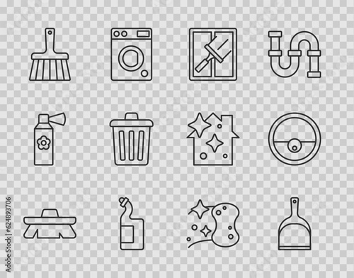 Set line Brush for cleaning, Dustpan, Rubber cleaner windows, Dishwashing liquid bottle, Handle broom, Trash can, Sponge and Robot vacuum icon. Vector