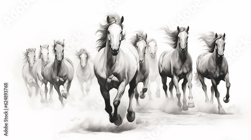 Galloping Horses on White Background. Running stallions and mares. Fast movement  wind blowing in the manes of wild beautiful mustangs. Charcoal pencil Illustration drawing on white  Generative Ai