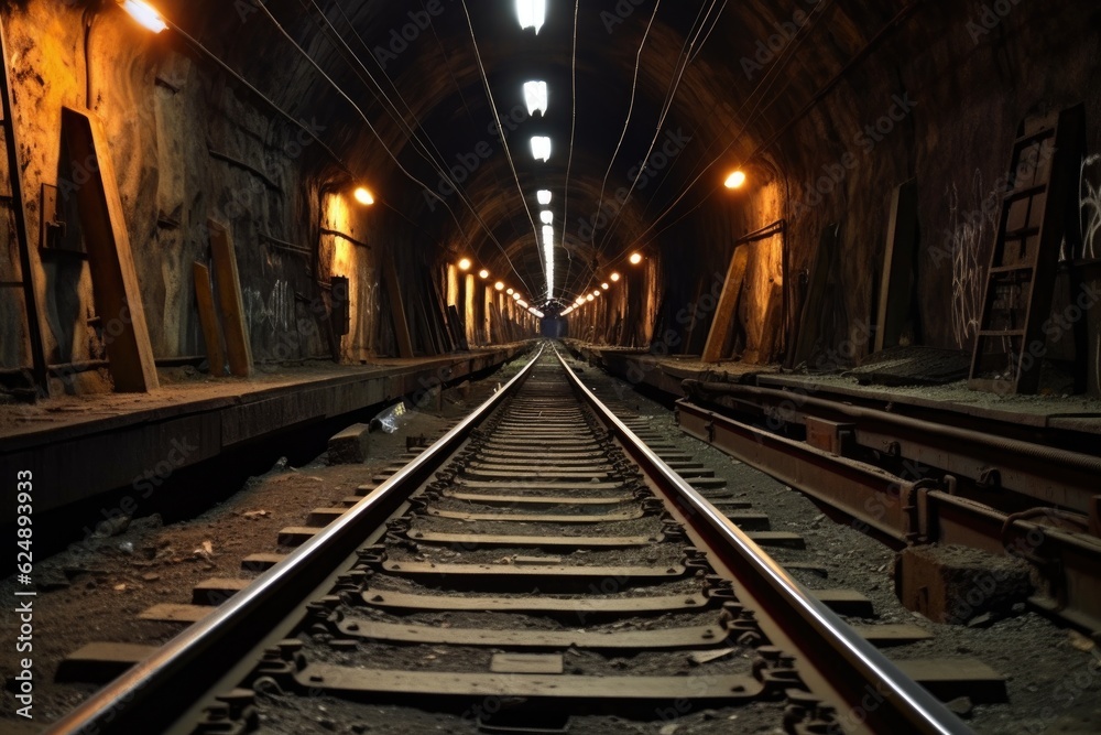 close-up of rail tracks in underground subway tunnel, created with generative ai