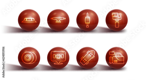 Set line Skateboard stairs with rail, wheel, Action camera, Cinema and Screwdriver icon. Vector