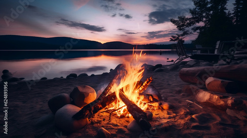 Glowing campfire by the lake. Sunset with open flames, fire, and logs. Camping on the beach at night. Serene lake landscape, Generative Ai