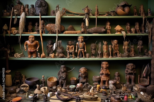 collection of uncontacted tribes artifacts on shelves, created with generative ai