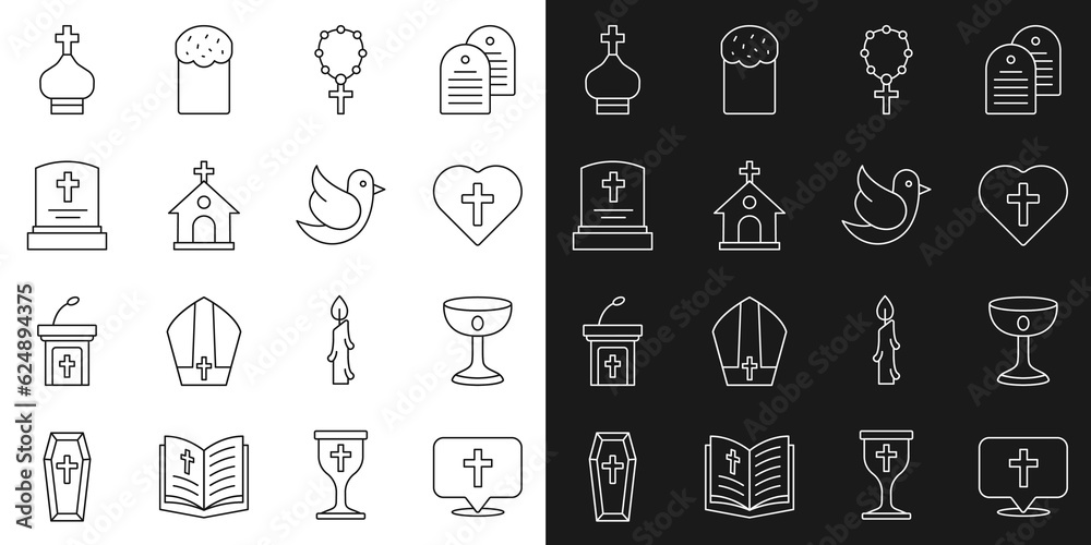 Set line Location church building, Christian chalice, cross heart, Rosary beads religion, Church, Grave with tombstone, tower and Dove icon. Vector