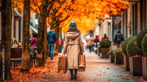 Back view of young woman with shopping bags walking in autumn street. selective focus.