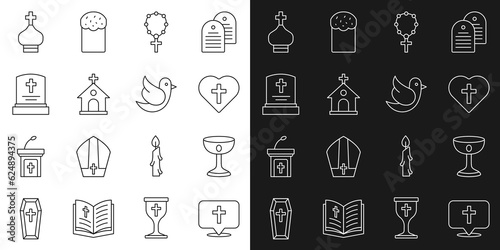 Set line Location church building, Christian chalice, cross heart, Rosary beads religion, Church, Grave with tombstone, tower and Dove icon. Vector