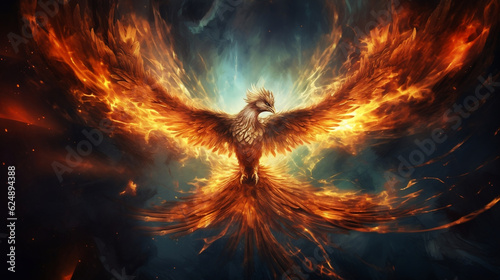 Rising Phoenix in flames. Abstract bird flying from the fire and ashes, Generative Ai