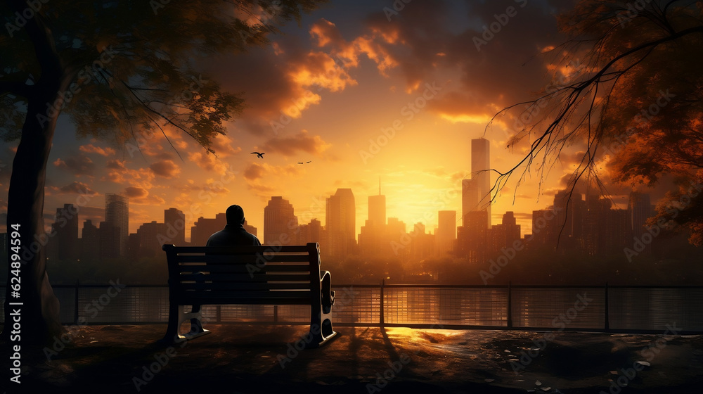 Silhouette of a person sitting on a park bench overlooking a city skyline at sunset, Generative Ai