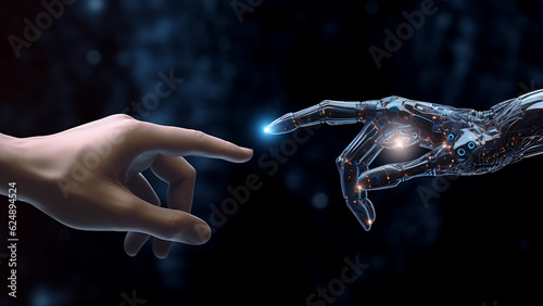 Human Hand Touching Fingers with a Cyborg, Humanity and Technology Connection Digital Concept Render