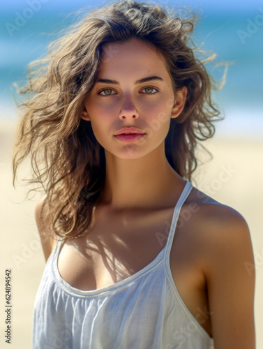 Gut aussehende Frau mit schöner gebräunter Haut am Strand. Modisches brasilianisches Mädchen. Generative AI
