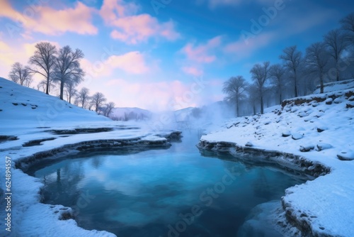 steam rising from a vibrant blue thermal pool in a snowy landscape, created with generative ai