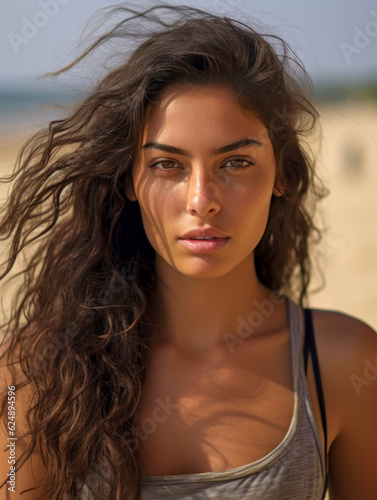 Gut aussehende Frau mit schöner gebräunter Haut am Strand. Modisches brasilianisches Mädchen. Generative AI © pwmotion