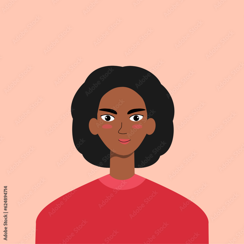 portrait of a beautiful woman afro american in red shirt vector illustration. avatar of a cute girl for social media profile and diversity icons. cartoon art of a young lady in flat design. portrait of a beautiful woman afro american in red shirt vector illustration. avatar of a cute girl for social media profile and diversity icons. cartoon art of a young lady in flat design.