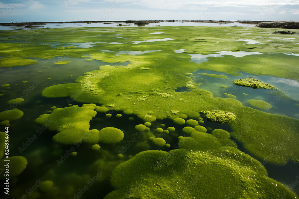Toxic Ocean Green Algae Bloom Top-Down View Digital Concept Render