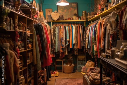 racks of colorful vintage clothing and accessories, created with generative ai