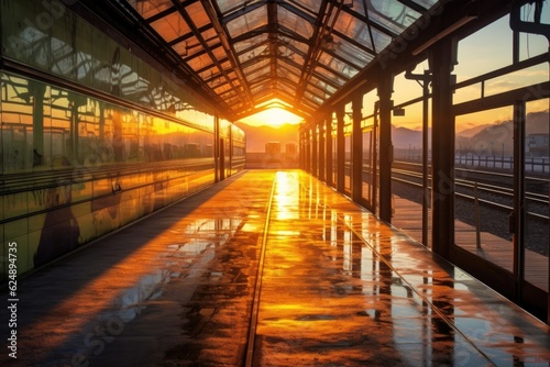 sunrise reflection on train station glass, created with generative ai