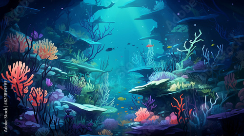 Underwater Algae, bioluminescent, Fish in Aquarium, Under the Sea, Scuba Dive, Glowing Reef, Ocean Life, Generative Ai