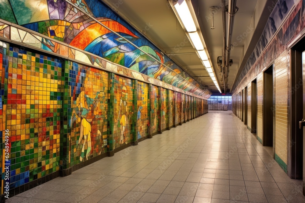colorful mosaic artwork in a subway station, created with generative ai