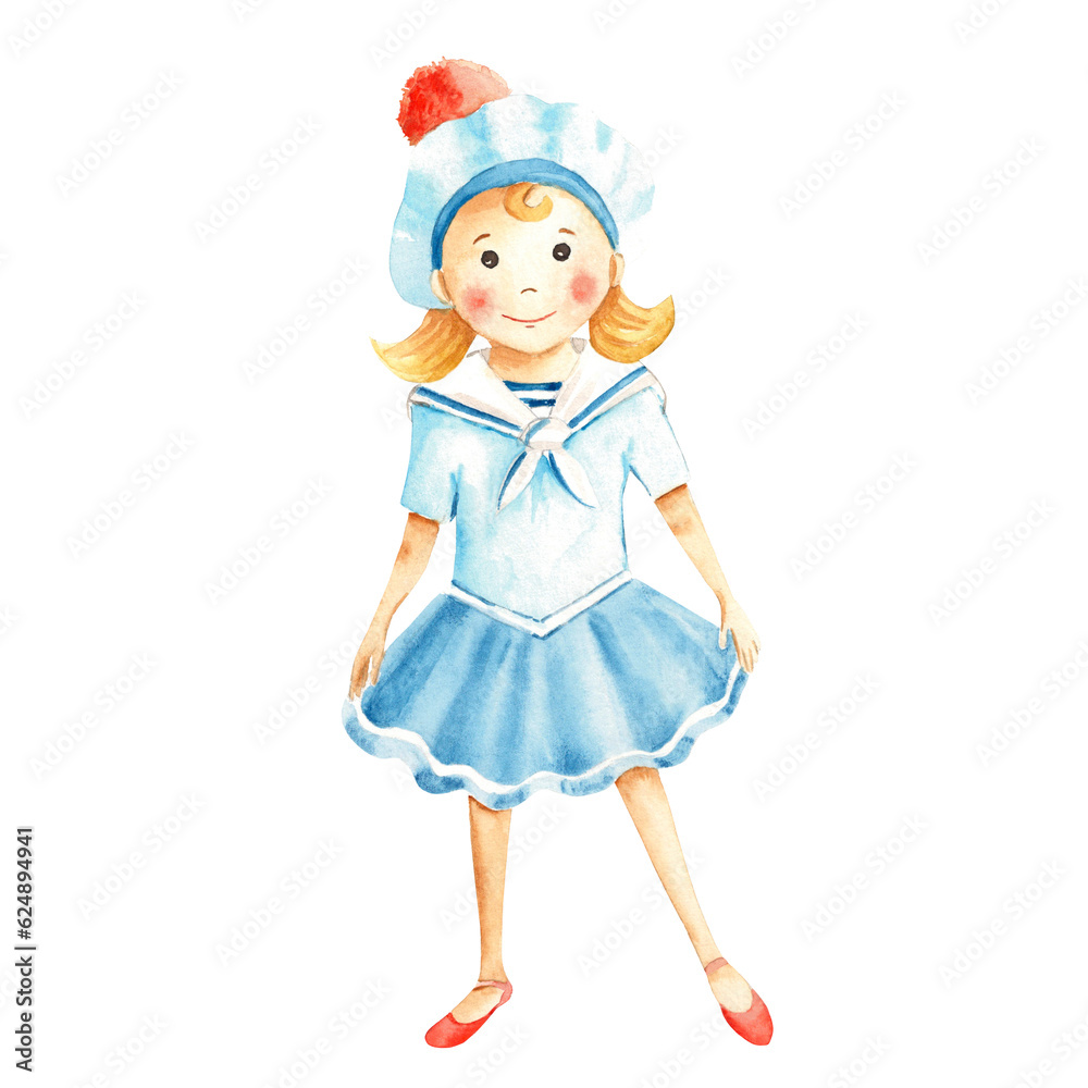 Cute little sailor girl in a marine dress. Watercolour nautical illustration for children. Hand painted on white background. For children's t-shirt prints, fashion design, baby clothing, cards Cute little sailor girl in a marine dress. Watercolour nautical illustration for children. Hand painted on white background. For children's t-shirt prints, fashion design, baby clothing, cards