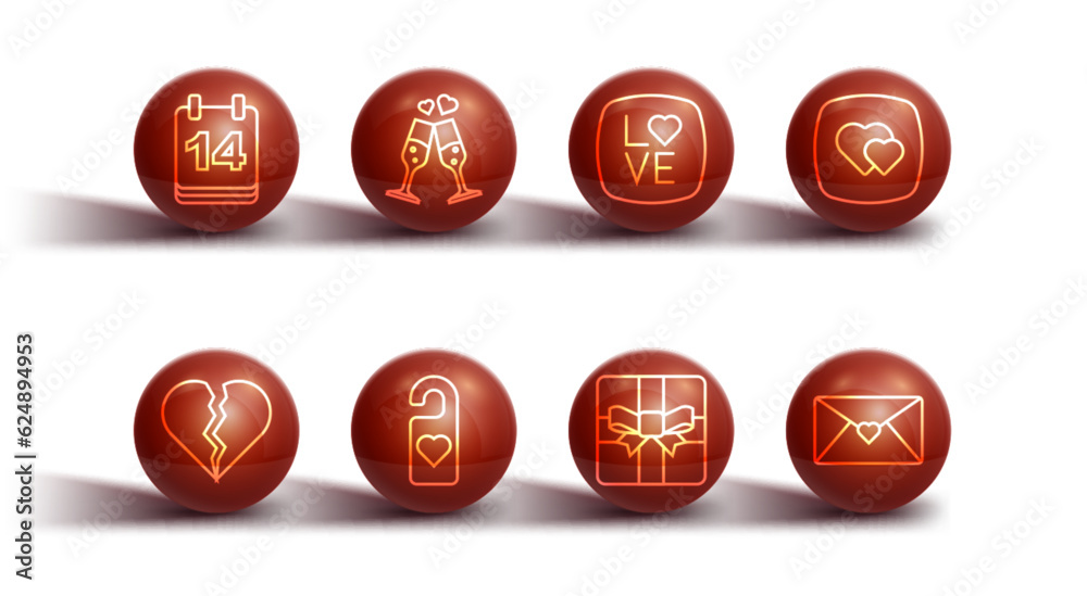 Set line Calendar with February 14, Broken heart or divorce, Heart, Gift box, Please do not disturb, Glass of champagne, Envelope Valentine and Love text icon. Vector