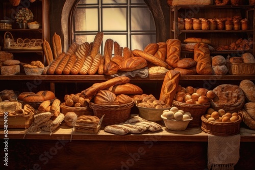 bakery counter with various bread types, created with generative ai