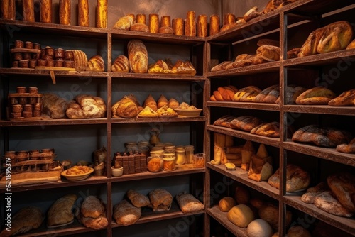wooden shelves filled with various breads, created with generative ai
