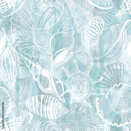 Seashells. Abstract vector seamless pattern on the marine theme on blue watercolor background.  Vector. Perfect for wallpaper, wrapping, fabric and textile.