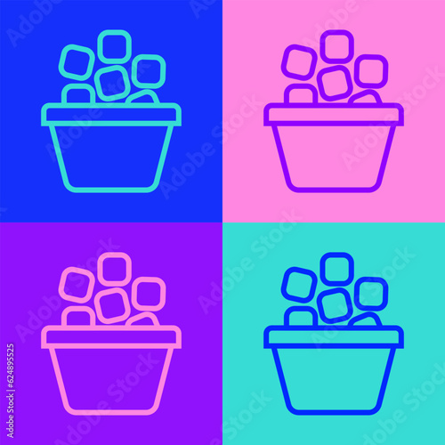 Pop art line Ice bucket filled with ice cubes icon isolated on color background. Vector