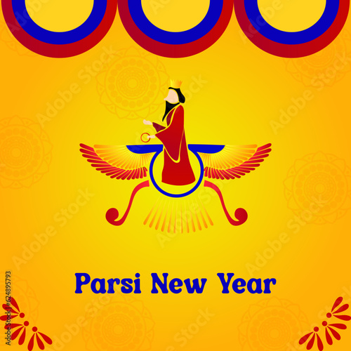 Navroz mubarak. Parsi New Year vector greeting with zoroastrian symbol. Vector greeting, poster, card. photo