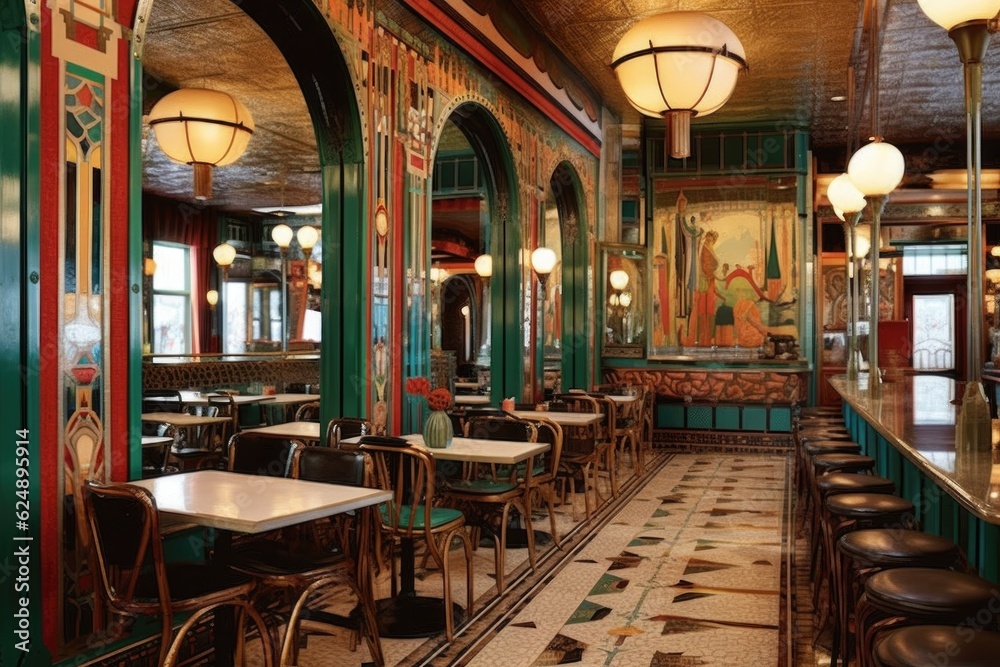 art deco themed parisian cafe interior, created with generative ai
