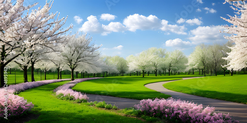 Panoramic springtime blooming flowers with scenic green grass and meadows for background