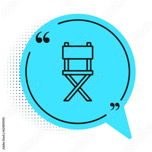 Black line Director movie chair icon isolated on white background. Film industry. Blue speech bubble symbol. Vector