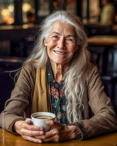 Ältere zufriedene weißhaarige Frau entspannt sich in einem Café. Generative KI