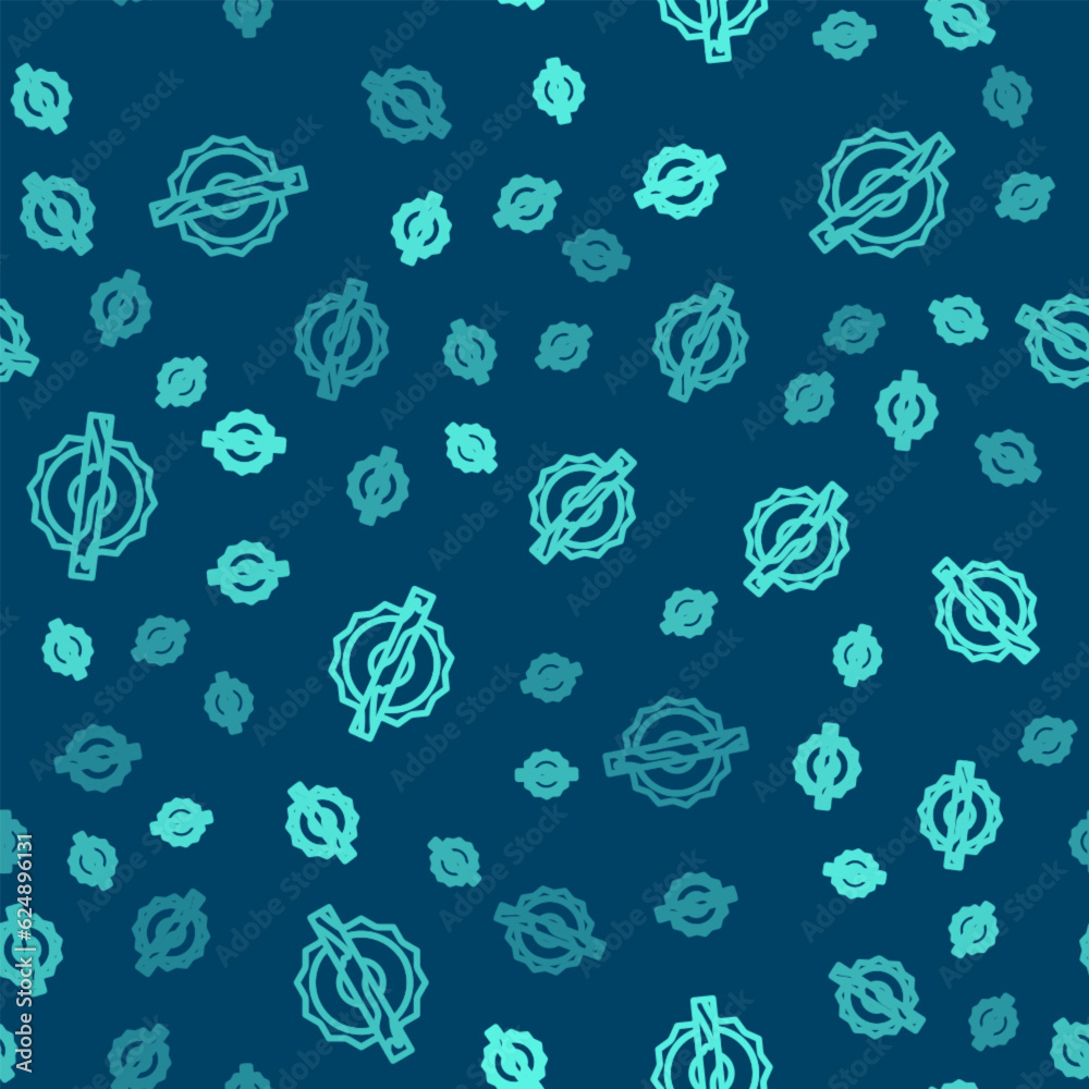 Green line Electric circular saw with steel toothed disc icon isolated seamless pattern on blue background. Electric hand tool for cutting wood or metal. Vector Green line Electric circular saw with steel toothed disc icon isolated seamless pattern on blue background. Electric hand tool for cutting wood or metal. Vector
