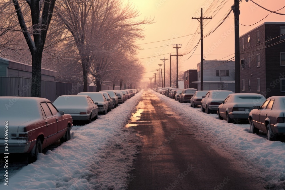 fresh snowfall on a row of cars parked in a lot, created with generative ai
