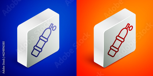 Isometric line Aqualung icon isolated on blue and orange background. Oxygen tank for diver. Diving equipment. Extreme sport. Diving underwater equipment. Silver square button. Vector