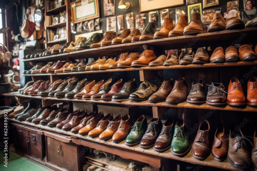 classic shoes on shelves in vintage shop, created with generative ai