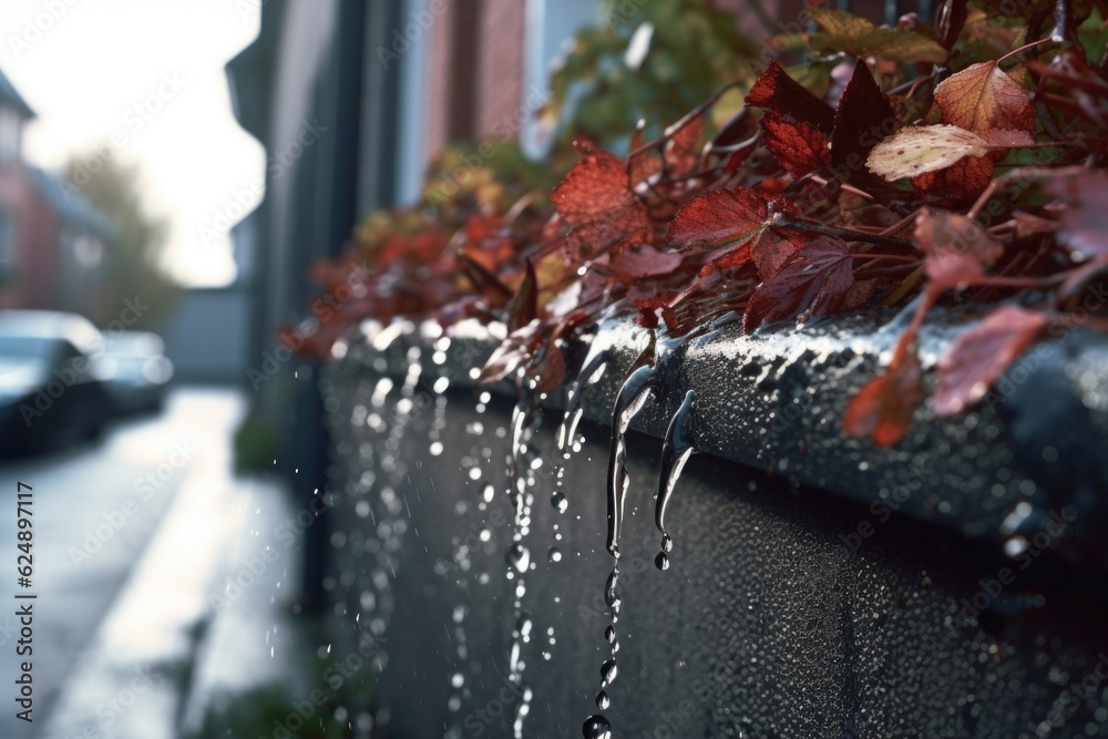 close-up of rainwater pouring from a clogged gutter, created with generative ai