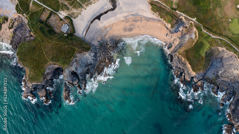 Aerial view of directly above the beach and cliffs of  Church Cove Gunwalloe in Cornwall