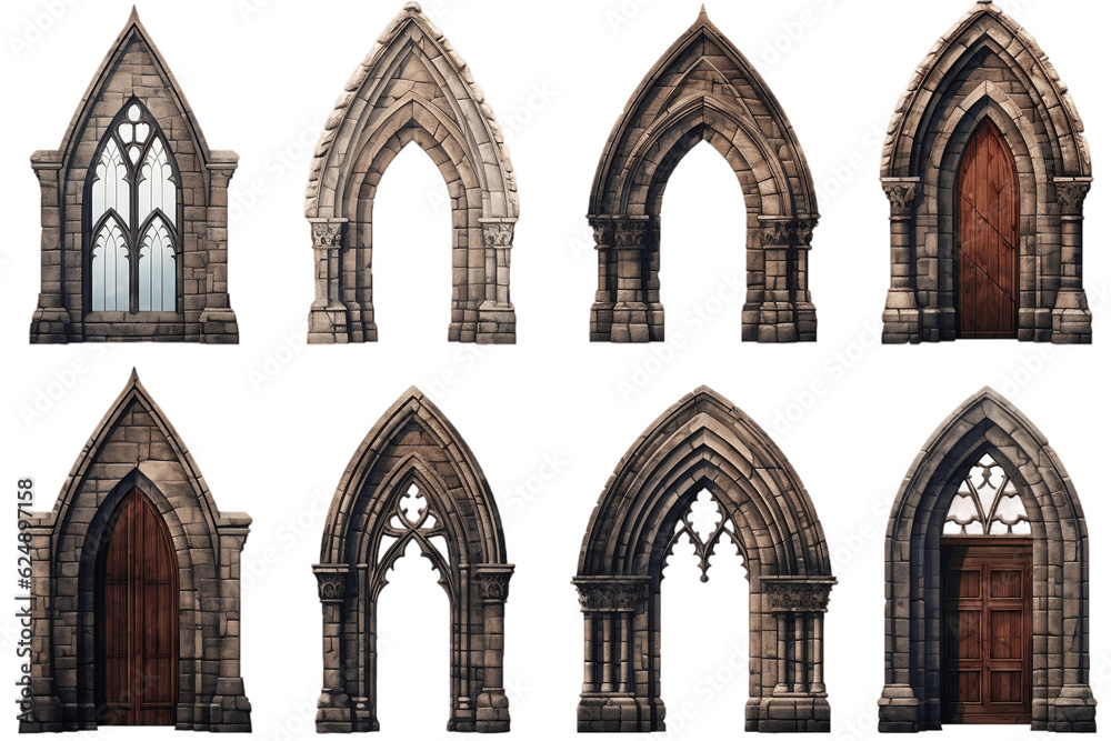 Stone Vintage Arch Door: Gothic Architecture Elements on Transparent