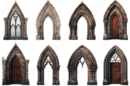 Stone Vintage Arch Door: Gothic Architecture Elements on Transparent Background. AI