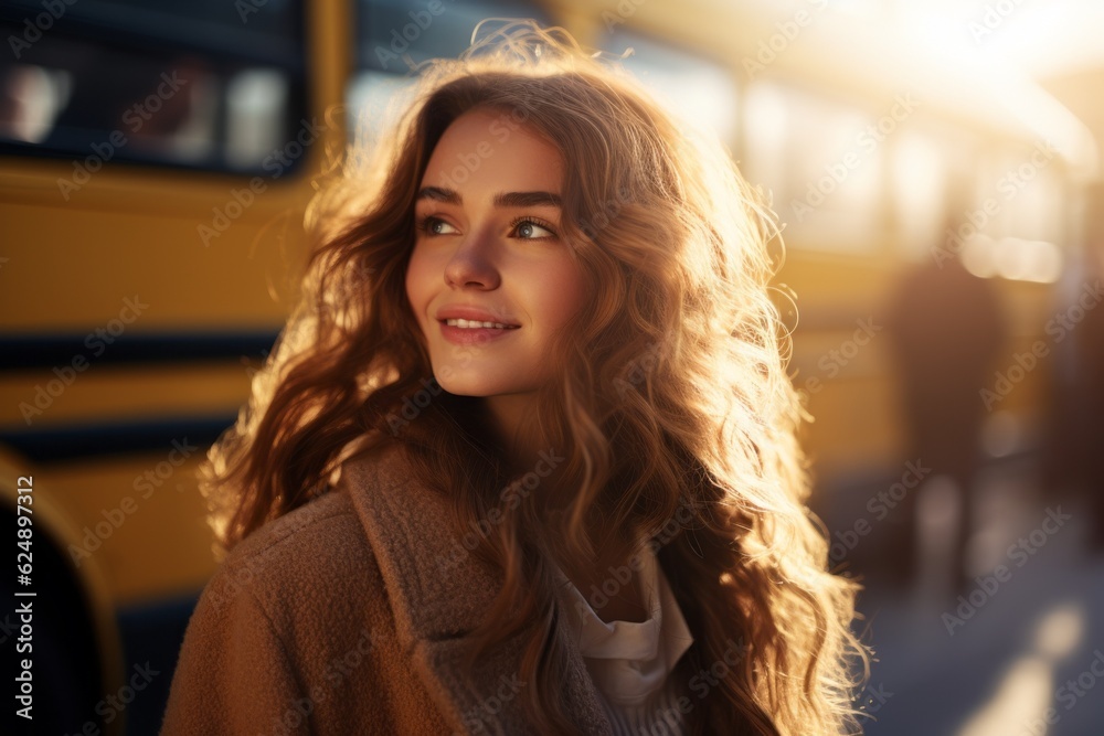 High school student female on a blurred background of the bus. Back To School concept. Background with selective focus