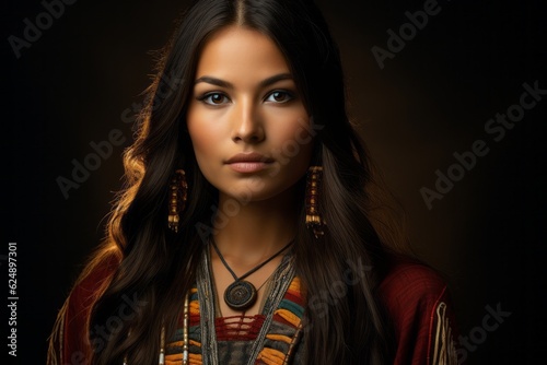A beautiful young Native American woman. The concept of Columbus day and the discovery of America. Portrait photo