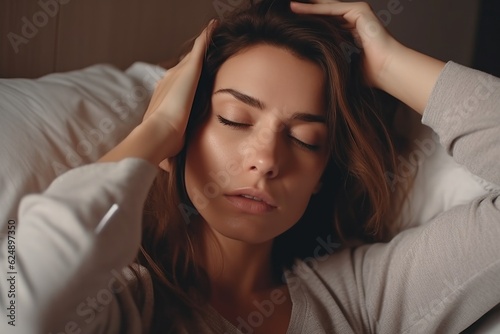 The woman holds her head with her hands. The concept of insomnia. Background with selective focus and copy space