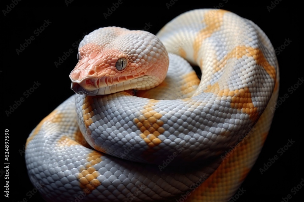 Fototapeta premium close-up of an albino snake coiled and ready to strike, created with generative ai