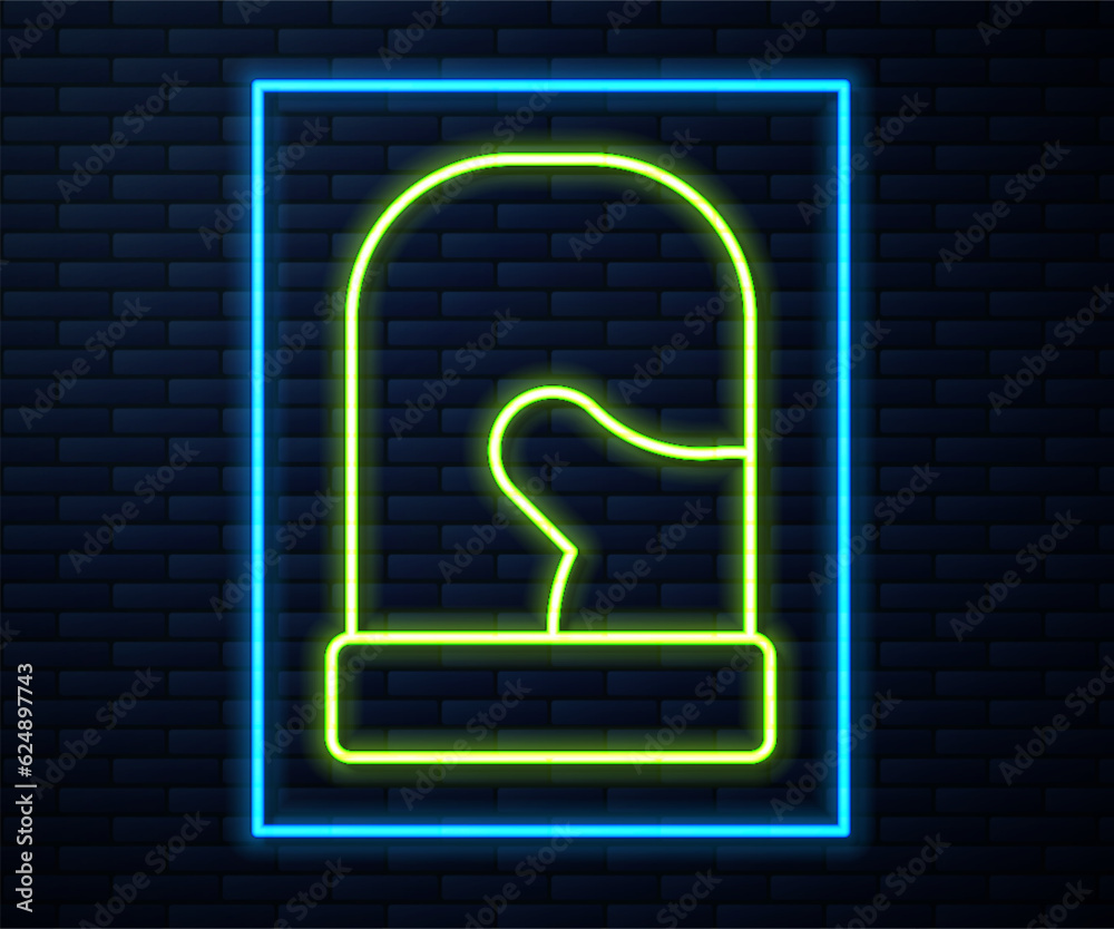 Glowing neon line Pair of knitted christmas mittens icon isolated on brick wall background. Mitten icon. Merry Christmas and Happy New Year. Vector Glowing neon line Pair of knitted christmas mittens icon isolated on brick wall background. Mitten icon. Merry Christmas and Happy New Year. Vector