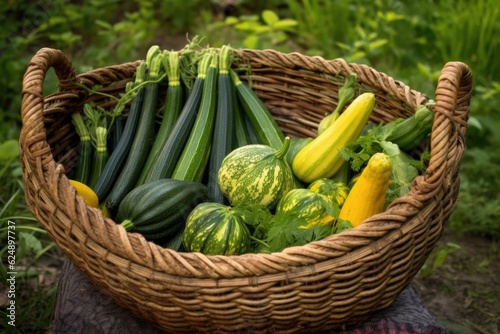 zucchini harvest displayed in a woven basket outdoors, created with generative ai