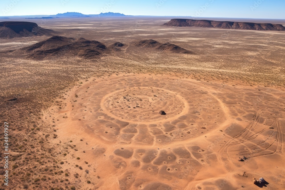 Naklejka premium aerial view of petroglyph site in remote desert, created with generative ai