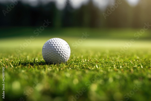 Golf ball on green course in golf club, close up. Created with Generative AI